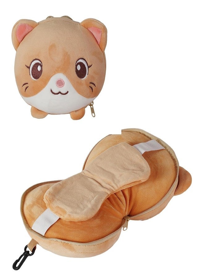 Pixelera Cute Plush Cat Travel Pillow and Eye Mask Set, Foldable Neck Support Cushion, Soft Cotton Blend, Beige and White, for Car Train Flight Sleep - Image 1